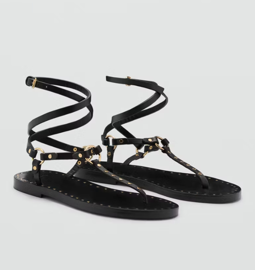 NEW MANGO MNG BLACK STUDDED LEATHER ANKLE WRAP FLATS SANDALS SHOES 39 US 8.5